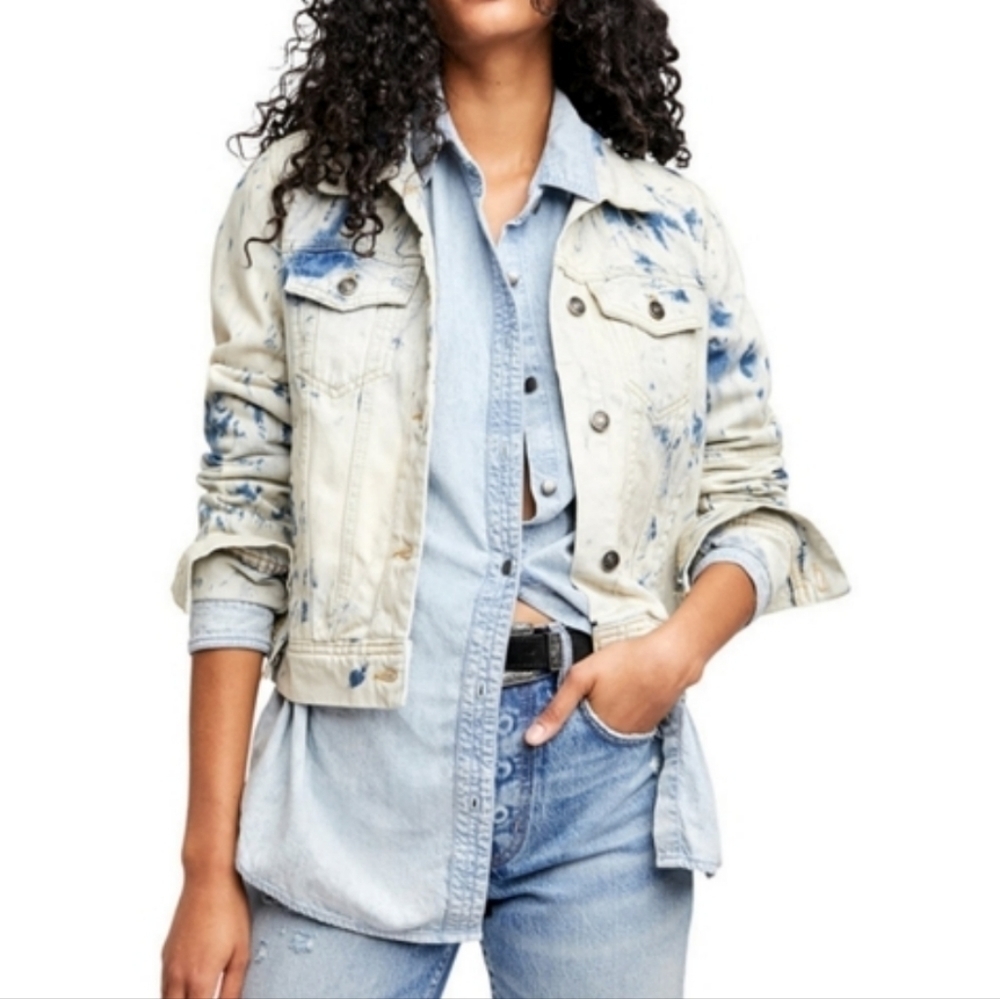 Free People Rumors Denim Jacket XS Rigid Jones Tie Dye Blue